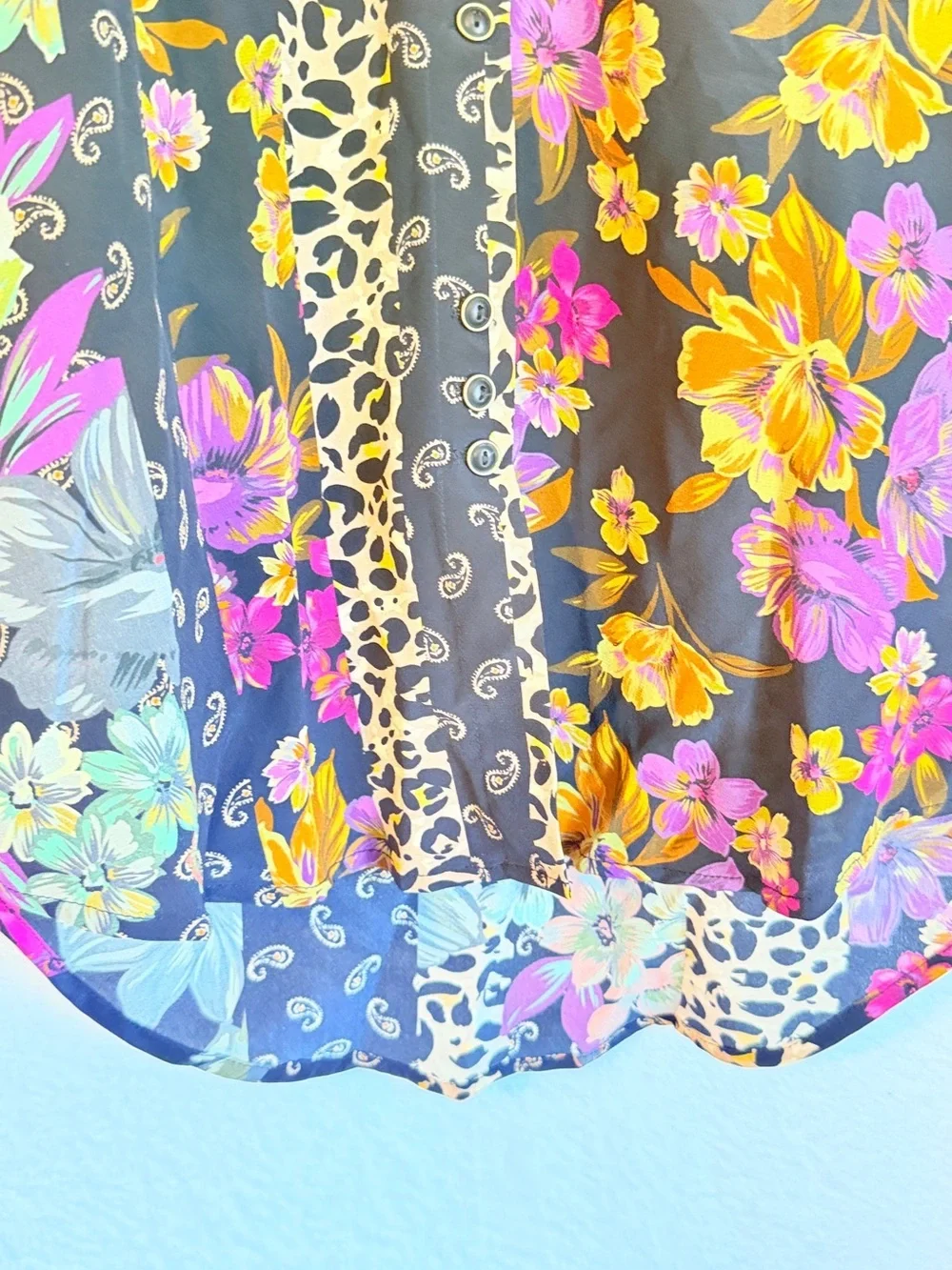 Johnny Was Jade Silk Floral Leopard Patchwork Boho Peasant Blouse XXS